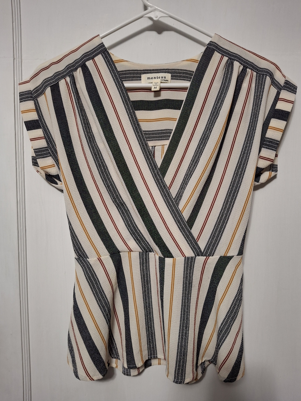 Monteau Cream Striped V-Neck Peplum Dress with Navy, Green & Mustard Stripes